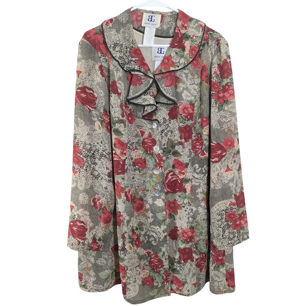 Bahari Group Vintage 90s Faux Lace Red Rose Floral Robe Tank Set Size 18W